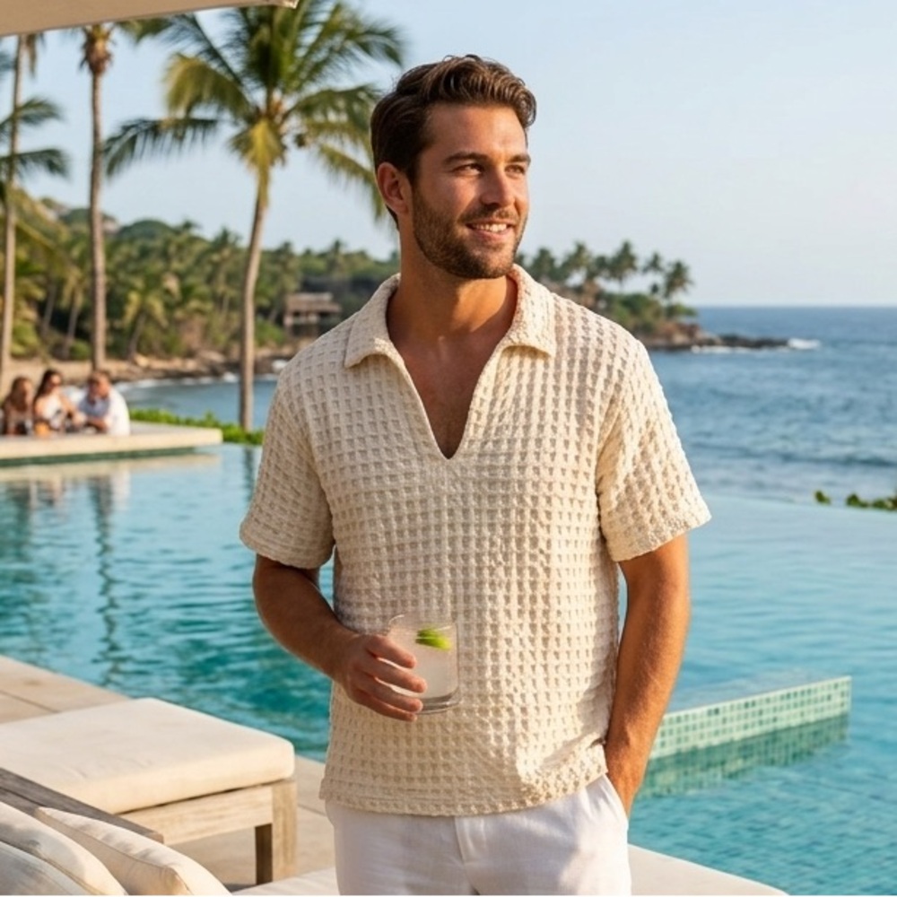 OAS Sz M Waffle Cream Of White V Neck Cabana Vacation Polo Shirt